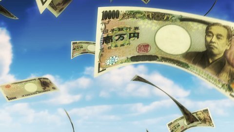 Money from Heaven - JPY (Loop). 10000 Japanese Yen bills falling from sky. Seamless loop, slight motion blur for realistic movement.