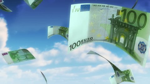 Money from Heaven - EUR (Loop). 100 Euro bills falling from sky. Seamless loop, slight motion blur for realistic movement.