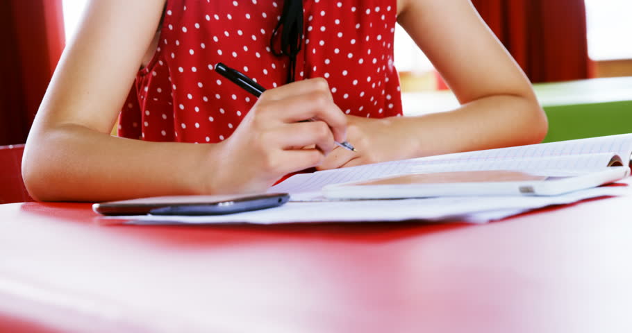 Front view of Caucasian smiling schoolgirl studying in classroom at school