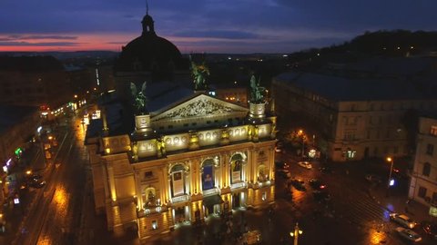LVIV, UKRAINE - April 26, 2017: Night aerial view of Lvov Opera. Ukraine.
