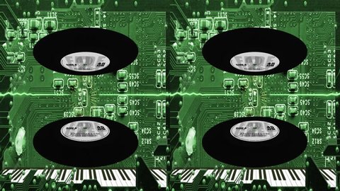 Stereoscopic 3D Electronic Music Equipment & 12 inch vinyl in animated 3d background - 3D Side by Side Version