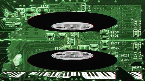 Stereoscopic 3D Electronic Music Equipment & 12 inch vinyl in animated 3d background - 3D Red Cyan Anaglyph Version