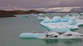 Floating of blue icebergs in Jokulsarlon glacial lagoon. Colorful sunset in Vatnajokull National Park, southeast Iceland, Europe. Full HD video (High Definition).