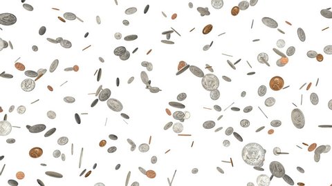 Falling dollar and cent Coins on white background. Rotating pound coins raining down against. Treasure. Business success. money coins cash falling down busyness economy finance. Loop