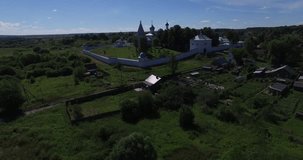 Aerial drone video of Svyato-Troicki Danilov Monastery in Yaroslavl Oblast area in the afternoon, located in ancient town of Pereslavl 150 km north-east of Moscow, the capital of Russia