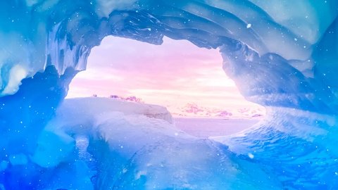 Blue ice cave window view in Antarctica flooded with soft sunset pink light. Generated snow falling. Exploring beauty world. Travel, holidays, sports and recreation background. Slow motion 4K footage