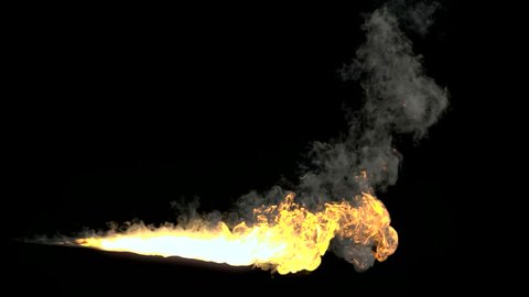 Animated realistic stream of fire like flamethrower shot or fire-breathing dragon's flames. Clip with alpha channel. 3d rendering