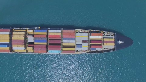 Large container ship at sea - Top down Aerial footage Video Stok