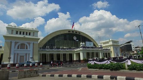 BANGKOK - 19 April 2017 : Centennial celebration of Hualampong, the central train station in Bangkok, Thailand, under cloudy evening sky, on 19 April 2017