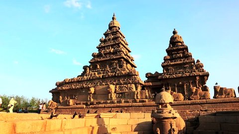 TAMIL NADU, INDIA - JUNE 2012: Locked-on shot of a temple, Shore Temple, Mahabalipuram, Kancheepuram District, Tamil Nadu, India