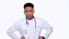 Young doctor wearing white coat scolding isolated