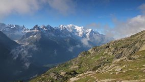 Colorful summer view of Mont Blanc (Monte Bianco), Chamonix location, Graian Alps, France, Europe. Full HD video (High Definition).