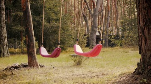Empty swings move in the spring forest