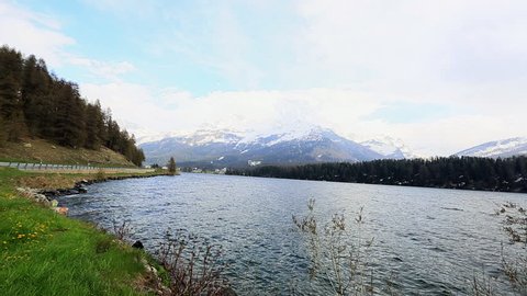 Zoom in shot of a lake, Lake St. Moritz, St. Moritz, Engadine Valley, Switzerland