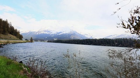Pan shot of a lake, Lake St. Moritz, St. Moritz, Engadine Valley, Switzerland
