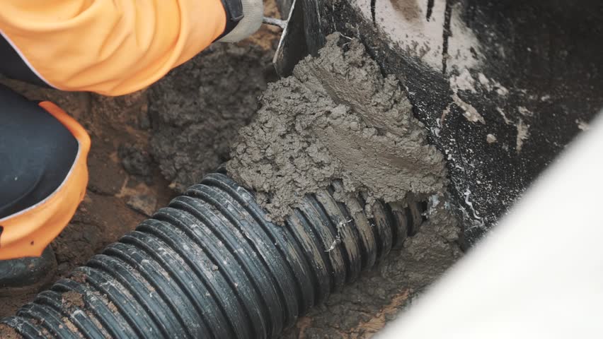 Worker in orange hard hat seal stitch between black ribbed plastic pipe and concrete hole with cement using spatula | Shutterstock HD Video #26493236