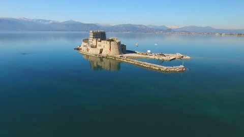 Castle on an island in the sea of Greece, near the town of Nafplio.