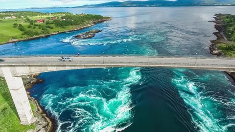 Whirlpools of the maelstrom of Saltstraumen, Nordland, Norway aerial view Beautiful Nature. Saltstraumen is a small strait with one of the strongest tidal currents in the world.