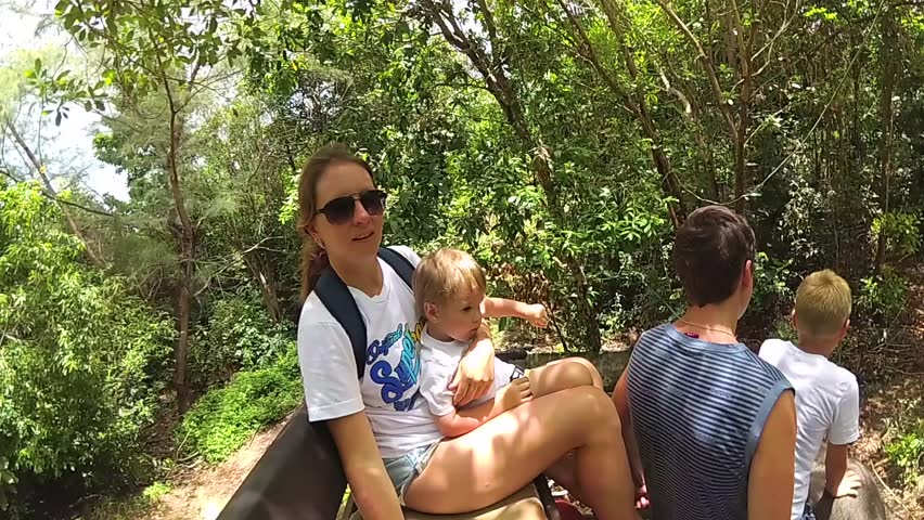 PHANGAN, THAILAND .The family riding on elephants in the tropical forest