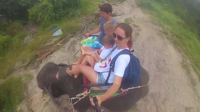 PHANGAN, THAILAND .The family riding on elephants in the tropical forest