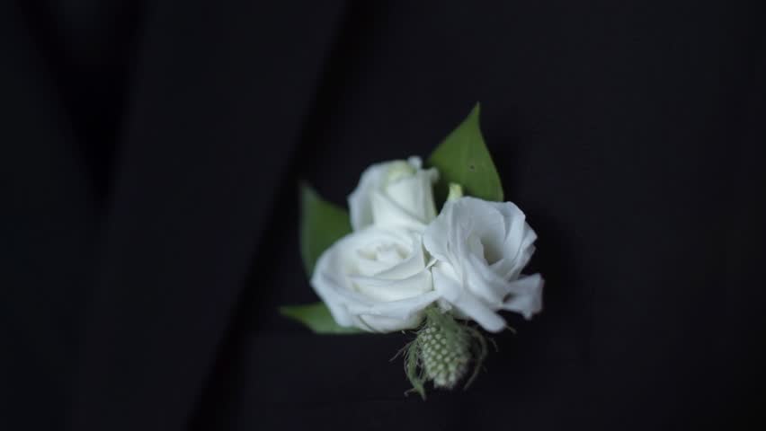 White flower in his jacket pocket closeup. Groom boutonniere adjusts his hand in a jacket pocket. Stylish and classic groom and the details of his outfit: blue jacket, bow tie, white shirt