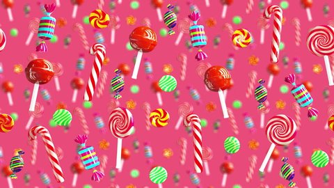 Bright glamour sweet juicy candies lollipop chupa chups caramel toffee sugar move from right to left. High quality background. Candy on red pink.