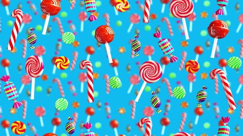 Bright glamour sweet juicy candies lollipop chupa chups caramel toffee sugar fall down. High quality background. Candy on blue.