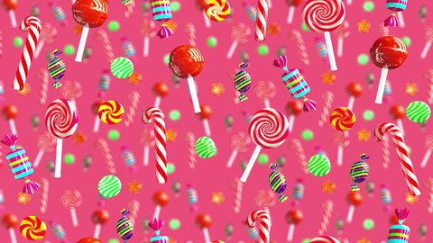 Bright glamour sweet juicy candies lollipop chupa chups caramel toffee sugar fall down. High quality background. Candy on red pink.