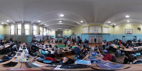 Opole/poland - Apr 25 2017: Contest on Robotics Designing in Opole. 360Vr Video 360 Degrees, Flat Spherical Panorama of the Competition. Risen Young School Children Are Creating and Programming the