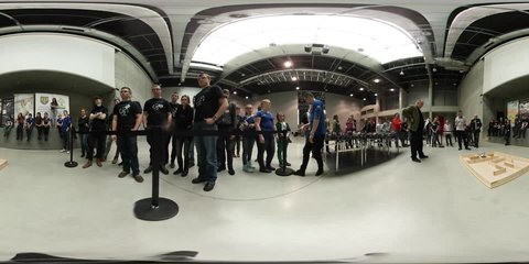 Opole/poland - Apr 26 2017: Boys Team at School Competition on Robotics Designing in Opole, Lego League. 360Vr Video 360 Degrees, Flat Spherical Panorama. Teenagers in Black Uniform Are Standing and