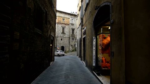 Todi, November 2016: Old italien street, dolly shot. Historic old town of Todi. Todi is a more than 2000 year old city in Umbria.