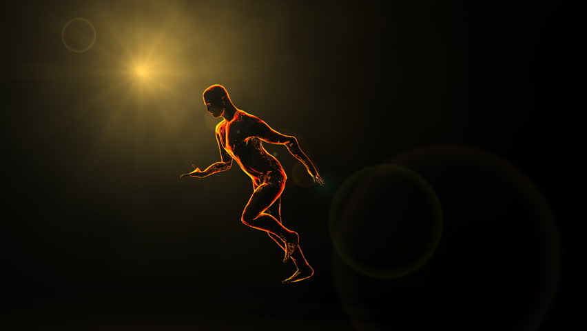 Silhouette of a slow motion runner with noisy volumetric light,rendered at 450