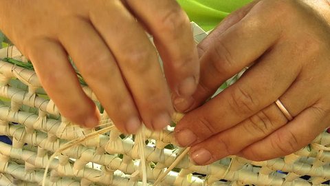 Close-up of a womans hand making wicker basket, Alagoas, Brazil
