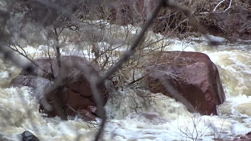 A flooding forest stream; includes the natural ambient sound of the stream; Pine Creek in Tonto Natural Bridge State Park in Arizona