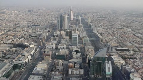 RIYADH, SAUDI ARABIA - OCTOBER 15, 2015. View on the city of Riyadh, its skyscrapers and houses from observation deck of Al-Mamlyaka Kingdom Tower