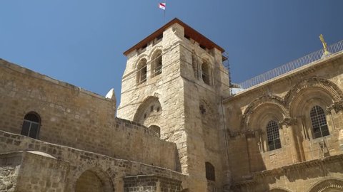 Vew on main entrance to the Church of the Holy Sepulchre in Old City of Jerusalem, Israel
