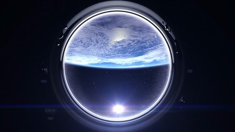 Sunrise over the Earth. Earth as seen through window of spaceship. The earth slowly rotates. Flight right. Realistic atmosphere. Volumetric clouds. Starry sky. 4K. Space, earth, orbit. Stock Video