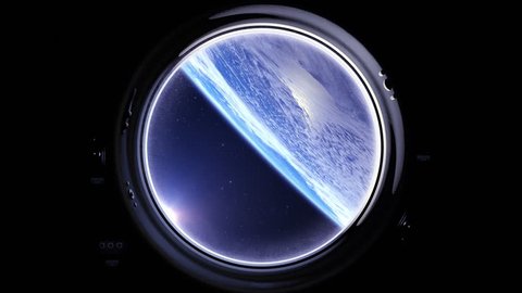 Space Station Above The Earth. International space station is orbiting the Earth. Earth as seen through round window of ISS. Realistic. Volumetric clouds. View from space. Starry sky. 4K.