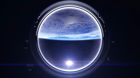 Earth through the porthole window. The sun in the window of the spacecraft. The flight of the spaceship over the Earth. Realistic atmosphere. Volumetric clouds. Starry sky. 4K.