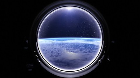 Flight Of The Space Station Above The Earth. International space station is orbiting the Earth. Earth as seen through round window of ISS. Realistic atmosphere. Starry sky. Stars. 4K.