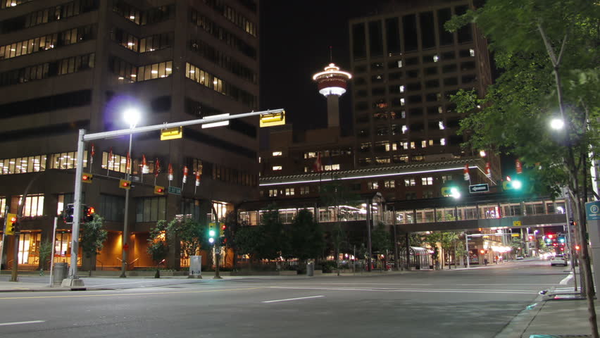 This is a time lapse shot shot in downtown Calgary Canada at night with light