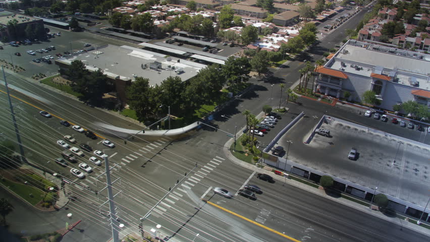 this is a birds-eye view of a busy intersection in Las Vegas shot in true