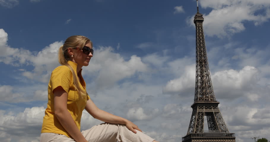 Beautiful Business Woman Talking At Mobile Phone In Paris, Girl Admire Eiffel Tower Icon