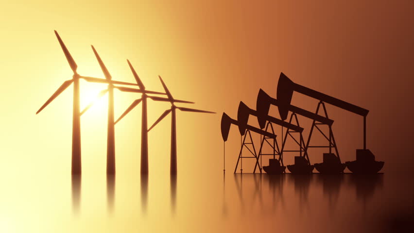 Oil pump and Windmill energy animation Stock footage. An animation of Oil pumps