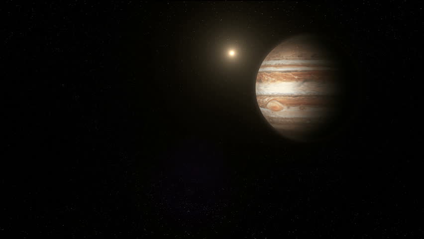 The Planet Jupiter with distant sun background Stock footage. A photo realistic