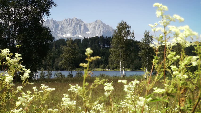 Mountain And Lake Panoramic View stock footage. The Austrian Alps in the