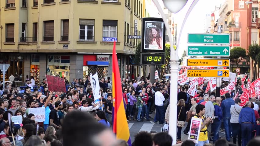 LEON, SPAIN - MARCH 29: Protesters block traffic in central Inmaculada square
