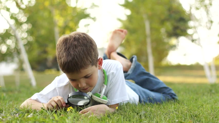 Boy with magnifying glass looking at flower outdoors