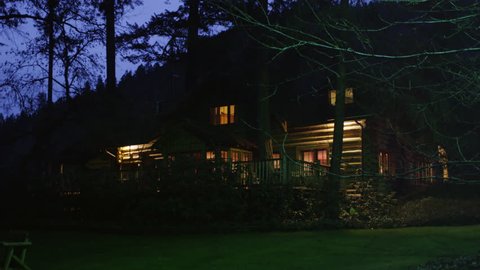 Rustic lodge at night near Grants Pass, Oregon