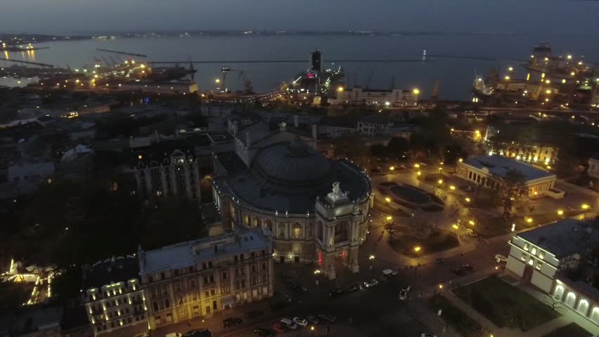 Night Aerial view of Odessa Opera house in Ukraine